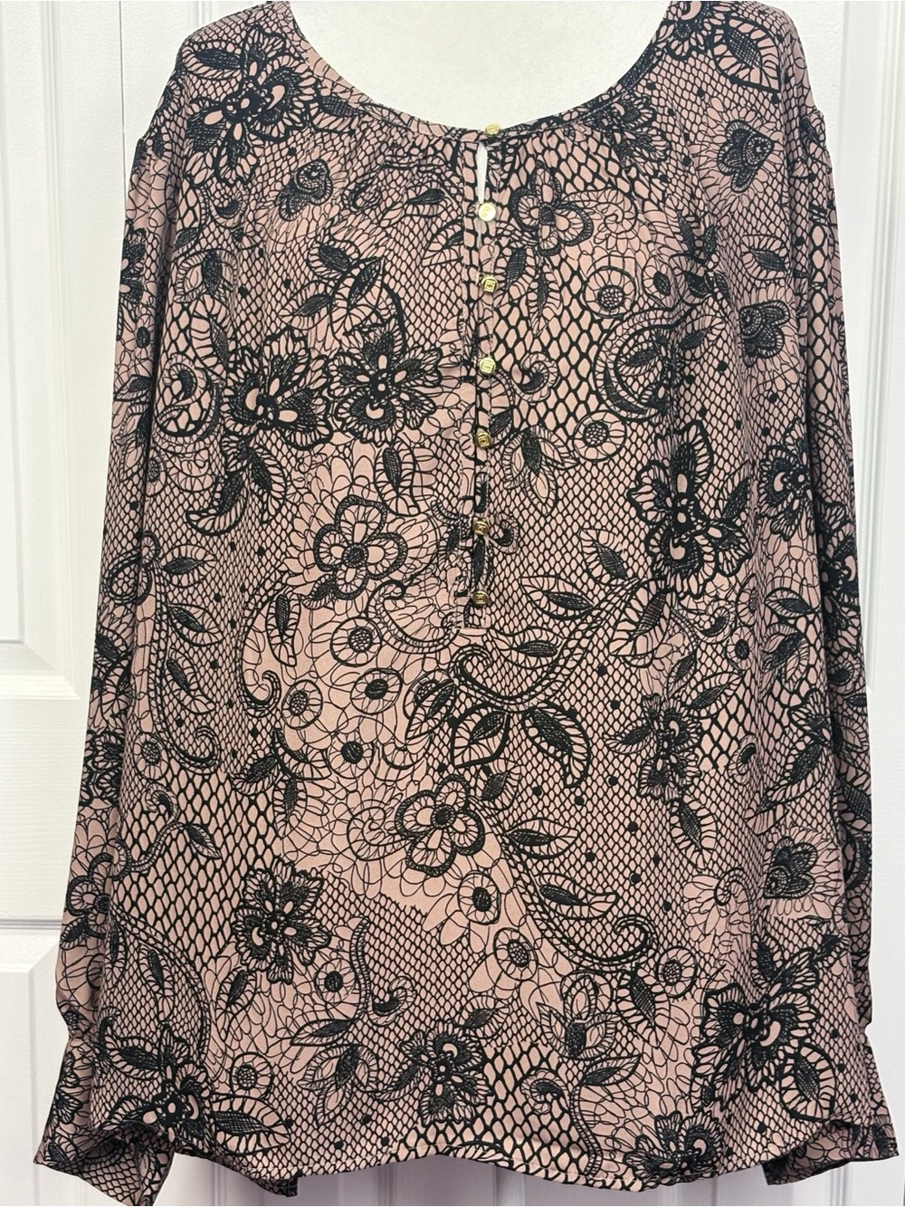 NWT Liz Claiborne French Rose & Black Lace Print Long Sleeve Blouse 4X